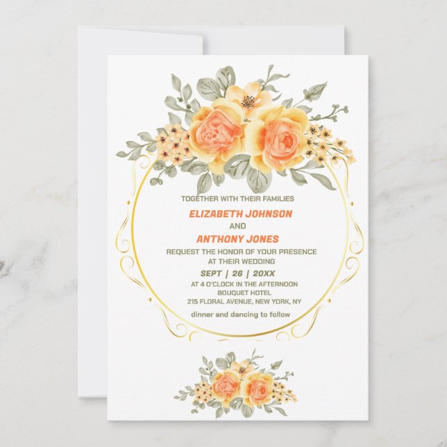 Invitation mariage d'été à fleurs orange et jaune (Devant)