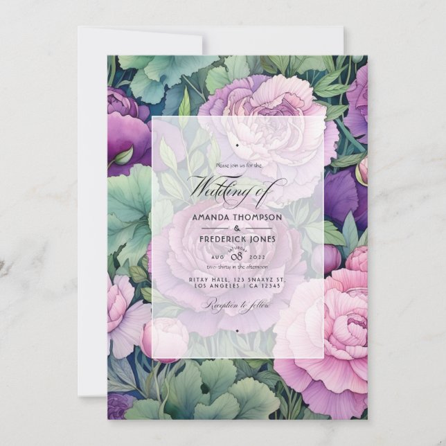 Invitation Mariage d'été à la floraison verte de mauve et de  (Devant)