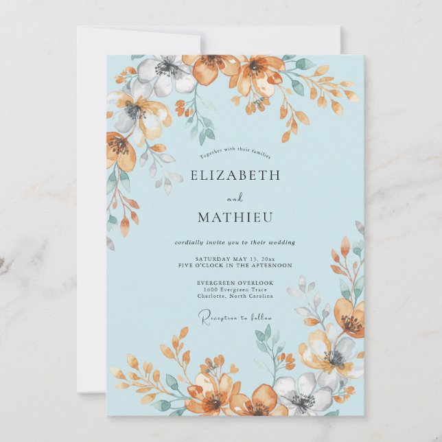 Invitation Mariage d'été bleu poudré peint à la main (Devant)