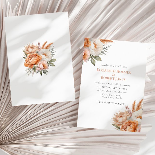 Invitation Mariage d'été Bohème Fleurs de Corail (Boho Coral Flowers Summer Wedding Invitation - front and back - on a neutral dry palm leaf.)