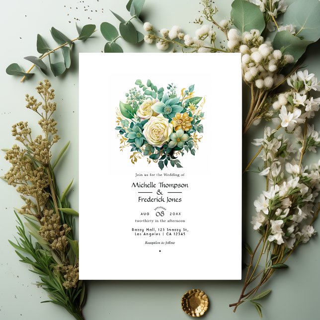 Invitation Mariage D'Été De Monnaie, Chasseur Vert Et Or Flor (Créateur téléchargé)