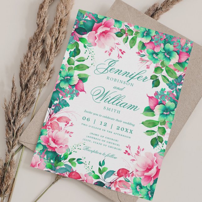 Invitation Mariage d'été de printemps floral romantique avec  (Romantic Floral Spring Summer Wedding w/ QR RSVP Invitation)