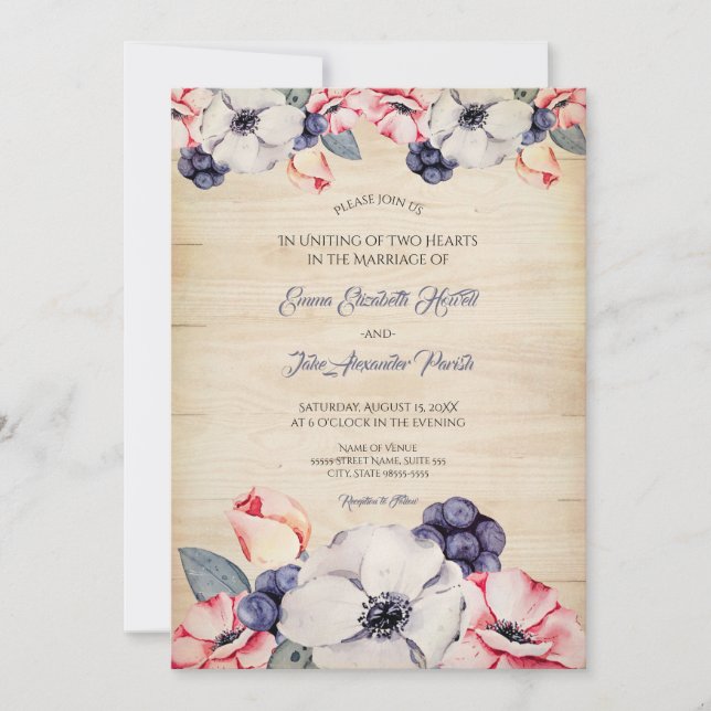 Invitation Mariage d'été en fleurs de bleuets en bois clair r (Devant)