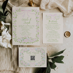Invitation Mariage d'été floral avec un nœud vert et rose des