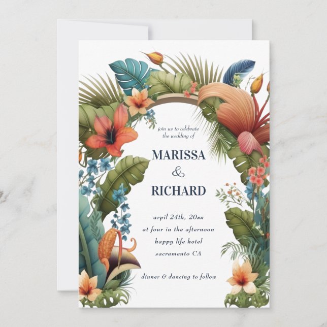 Invitation Mariage d'été floral exotique avec arche de jungle (Devant)