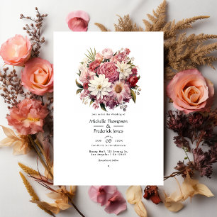 Invitation Mariage d'été floral rose pastel et marron cèdre