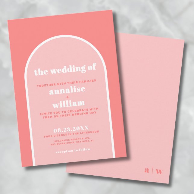 Invitation Mariage d'été rétro rose corail intense (Bold Coral Pink Retro Summer Wedding Invitation)