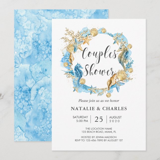 Invitation Mariage d'été Sea & Beach Seahorse Couples Douche (Devant / Derrière)