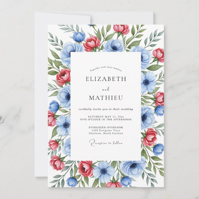 Invitation Mariage d'été somptueux ciel cramoisi bleu (Devant)