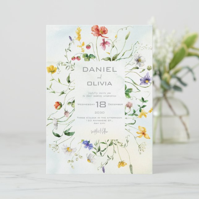 Invitation Mariage d'été vert et blanc à fleurs rustiques (Debout devant)
