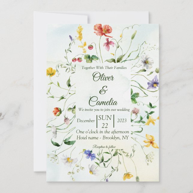 Invitation Mariage d'été vert et blanc à fleurs rustiques (Devant)