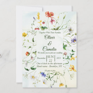 Invitation Mariage d'été vert et blanc à fleurs rustiques
