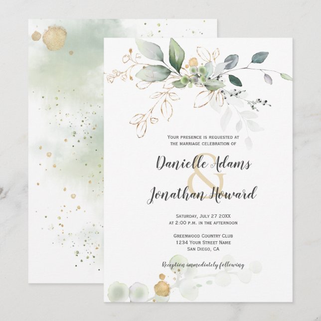Invitation Mariage d'étincelles vertes et d'or (Devant / Derrière)