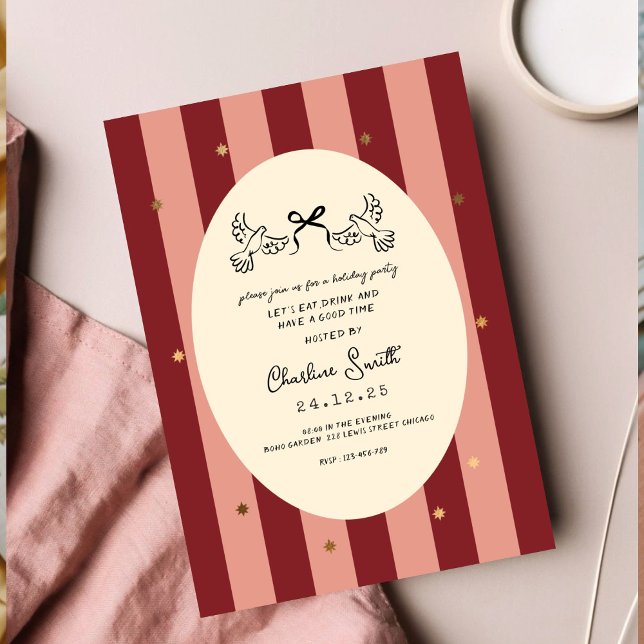 Invitation Mariage d'étoile rouge rose rayé or (Créateur téléchargé)