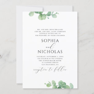 Invitation Mariage d'eucalyptus aquarelle. Feuillage verdoyan