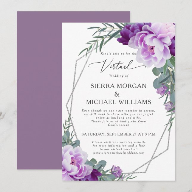 Invitation Mariage d'Eucalyptus Floral Virtuel Purple et Arge (Devant / Derrière)