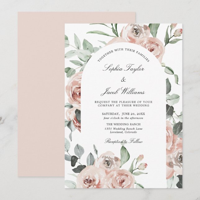 Invitation Mariage d'eucalyptus rose pâle (Devant / Derrière)