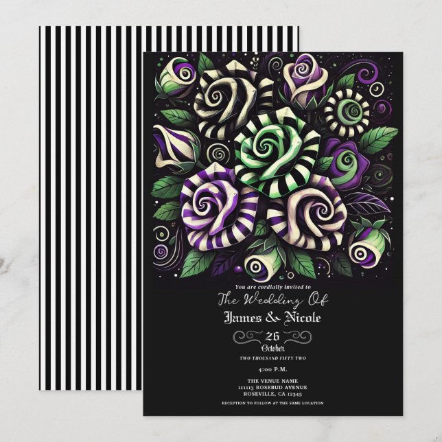 Invitation Mariage d'Halloween à fleurs à rayures vertes viol (Devant / Derrière)