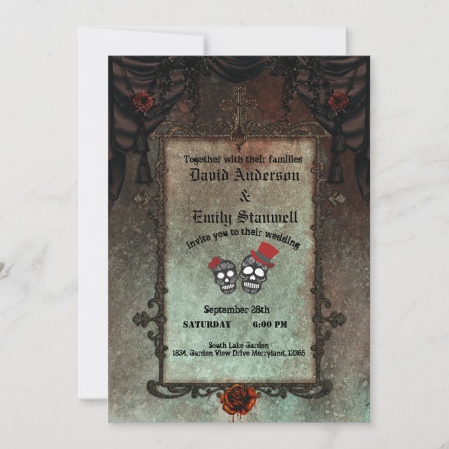 Invitation Mariage d'Halloween à miroir gothique noir d'or (Devant)