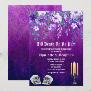 Invitation Mariage d'Halloween au crâne floral violet 
