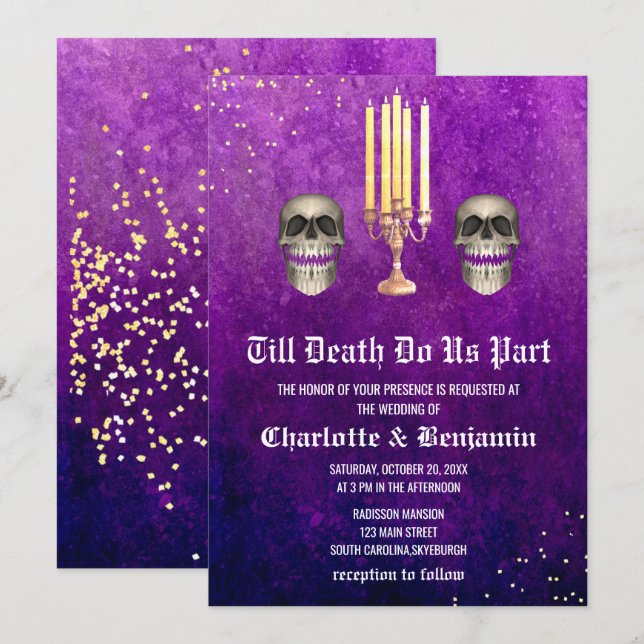 Invitation Mariage d'Halloween crâne violet (Devant / Derrière)