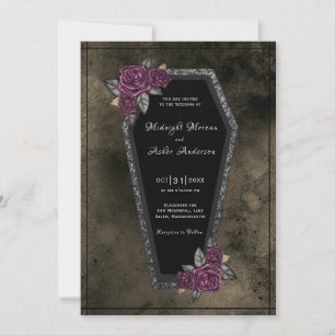 Invitation Mariage d'Halloween Roses Noires Cercueil Brillant