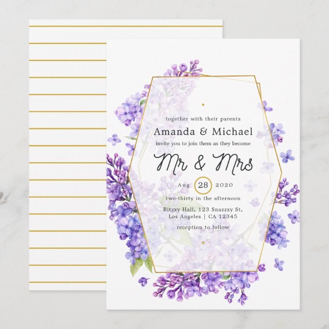 Invitation Mariage d'Herbarium géométrique Pastel Violet et O (Devant / Derrière)