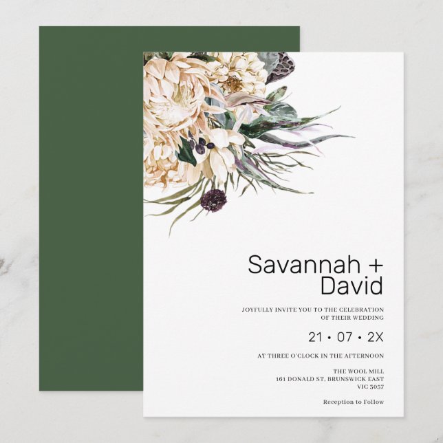 Invitation Mariage d'herbe Boho Blanc Protea (Devant / Derrière)