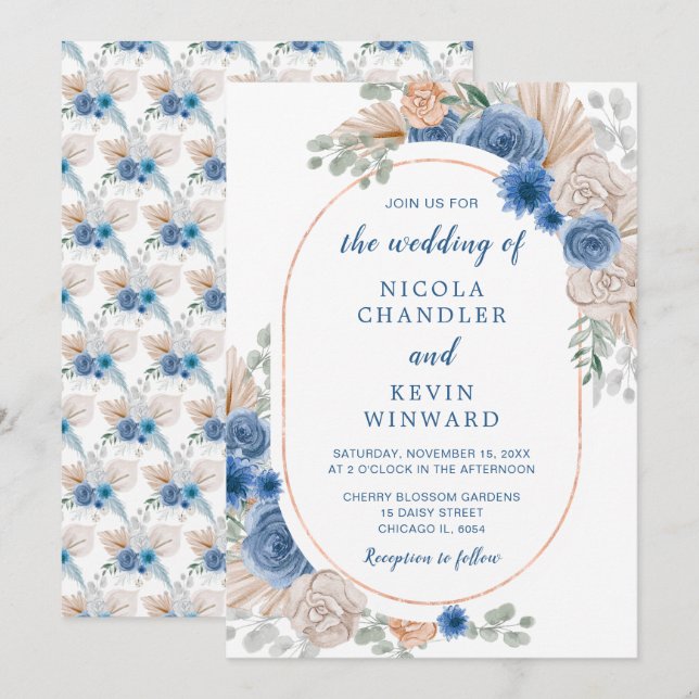 Invitation Mariage d'herbe Boho bleu (Devant / Derrière)