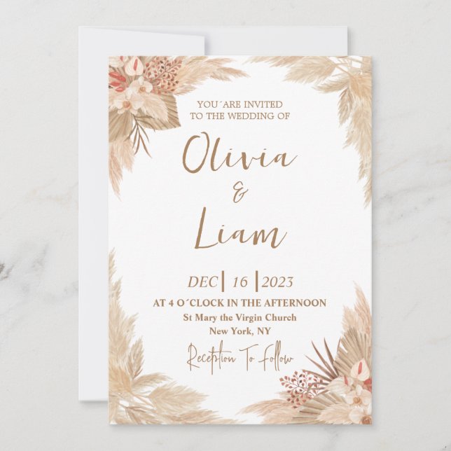 Invitation Mariage d'herbe Boho Pampas (Devant)