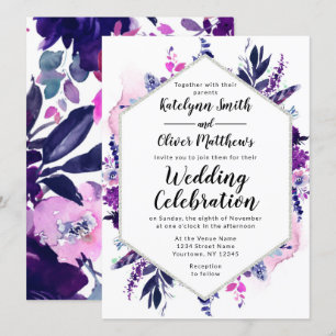 Invitation Mariage d'Hexagon d'aquarelle violet floral enchan