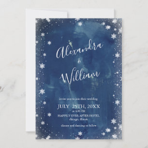 Invitation Mariage d'hiver à l'aquarelle bleu marine flocon d
