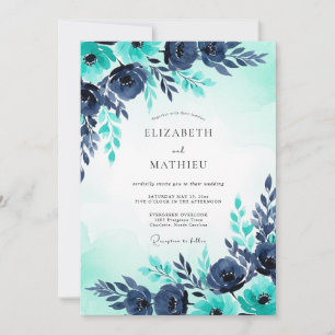 Invitation Mariage d'hiver à l'aquarelle turquoise et marine