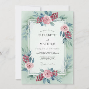 Invitation Mariage d'hiver à l'aquarelle vert sauge