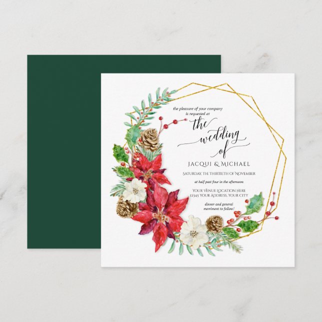 Invitation Mariage d'hiver Aquarelle Floral Wreath | Carré (Devant / Derrière)