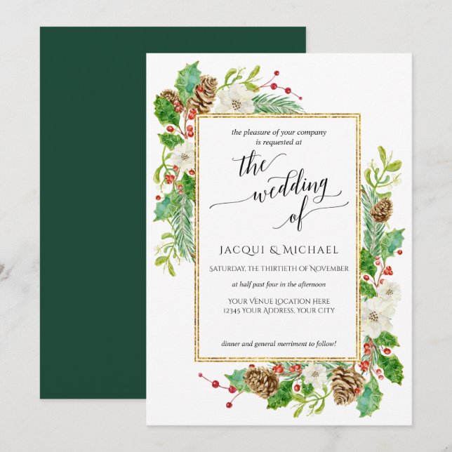 Invitation Mariage d'hiver Aquarelle Rose Pine Cone Feuilles (Devant / Derrière)