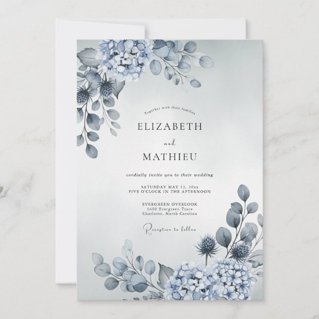 Invitation Mariage d'hiver atmosphérique bleu poussiéreux (Devant)