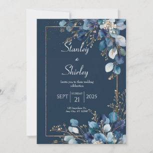Invitation Mariage d'hiver au thème or, bleu marine et eucaly