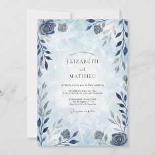 Invitation Mariage d'hiver aux fleurs de bleu poussiéreux