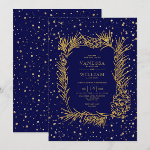 Invitation Mariage d'hiver bleu marine en pin doré et confett