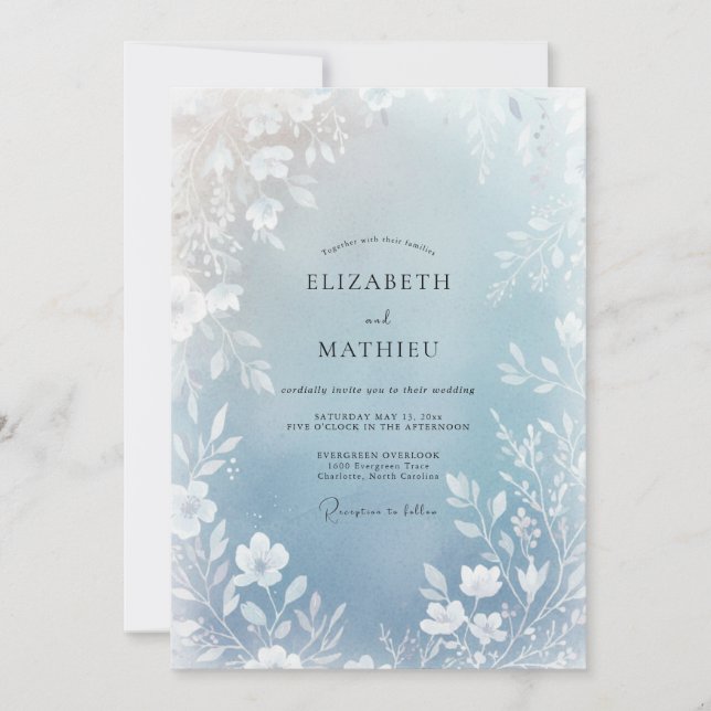 Invitation Mariage d'hiver bleu poussiéreux lumineux (Devant)