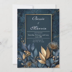 Invitation Mariage d'hiver botanique avec marbre bleu marine 