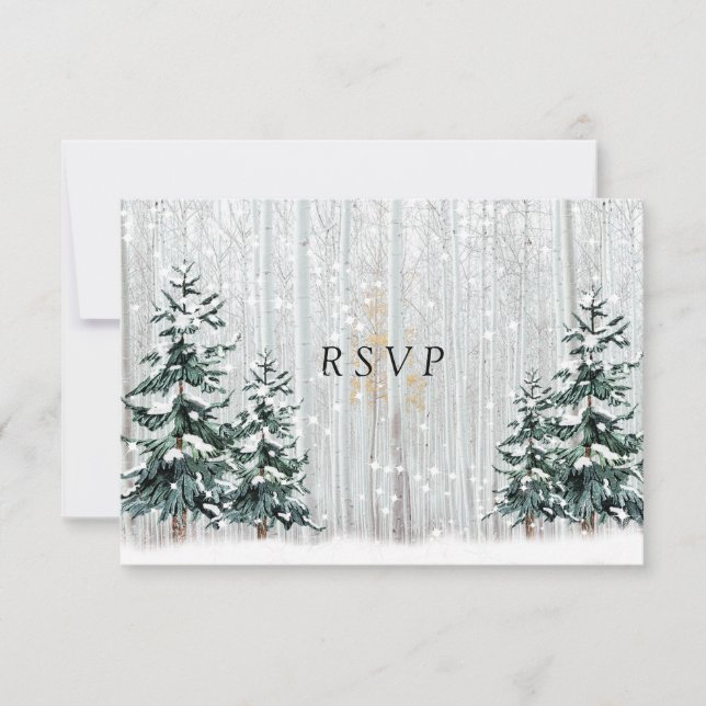 Invitation Mariage d'hiver bouleau blanc Forêt pins (Devant)