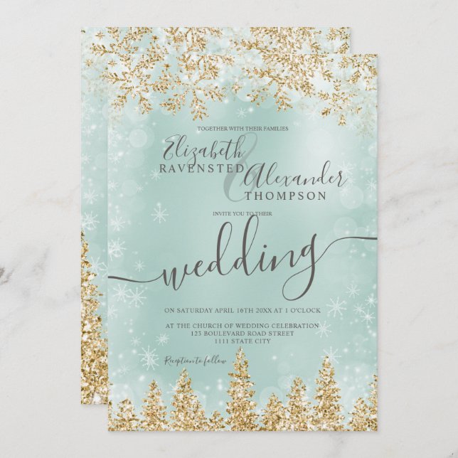 Invitation Mariage d'hiver dans la neige verte (Devant / Derrière)