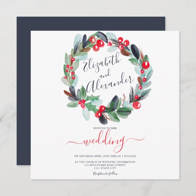 Invitation Mariage d'hiver de fleurs de couronnes de Noël (Devant / Derrière)