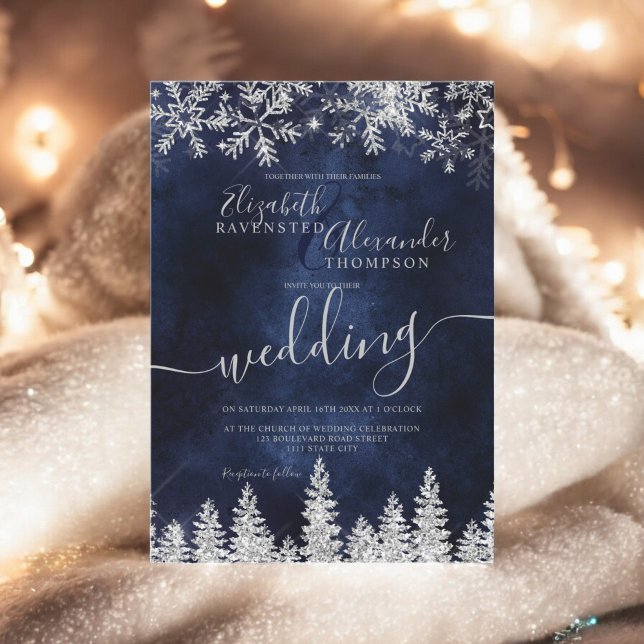 Invitation Mariage d'hiver de Noël dans la marine de pin d'ar (Silver snow pine navy Christmas winter wedding Invitation)