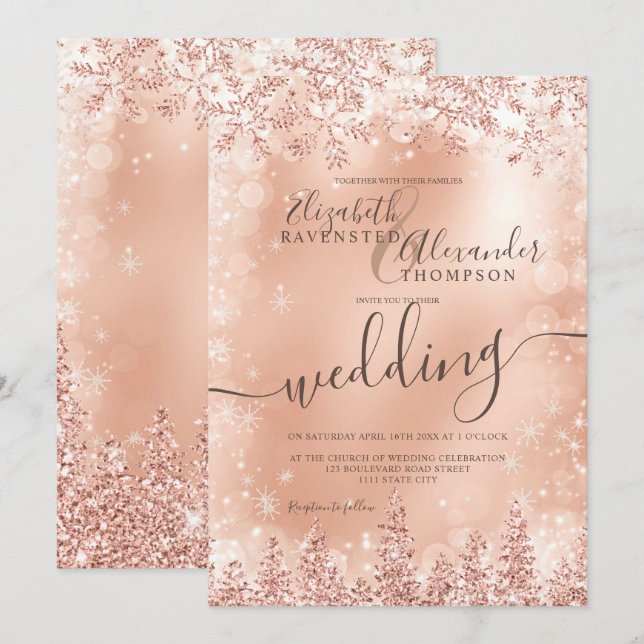 Invitation Mariage d'hiver de Noël en pin d'or rose (Devant / Derrière)
