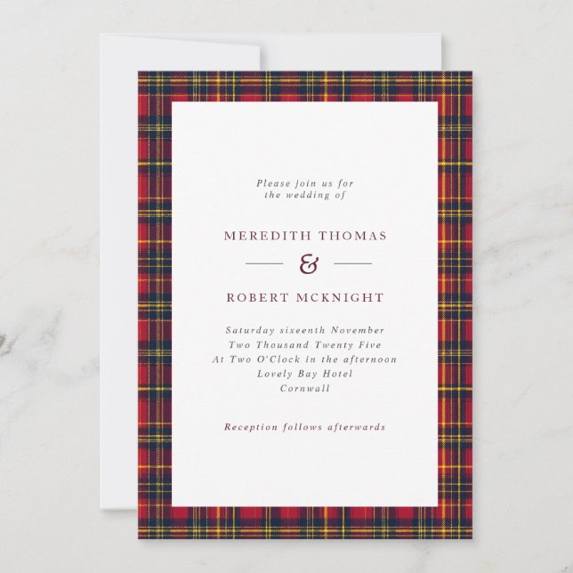 Invitation Mariage d'hiver écossais Tartan rouge et jaune (Devant)