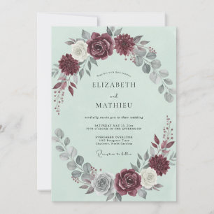 Invitation Mariage d'hiver élégant au burgundy et à la menthe