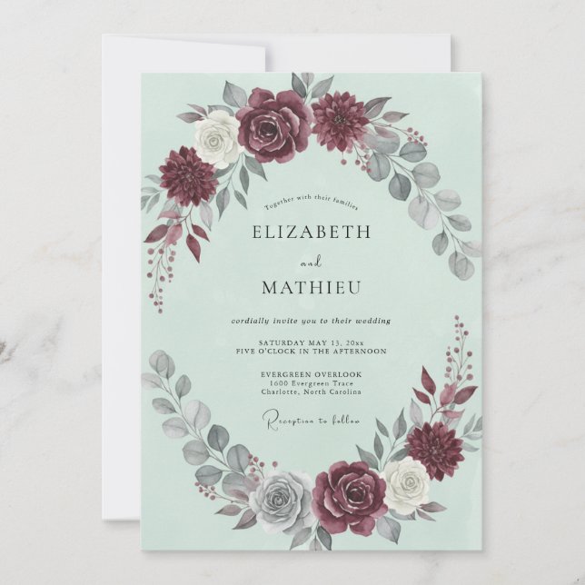 Invitation Mariage d'hiver élégant au burgundy et à la menthe (Devant)